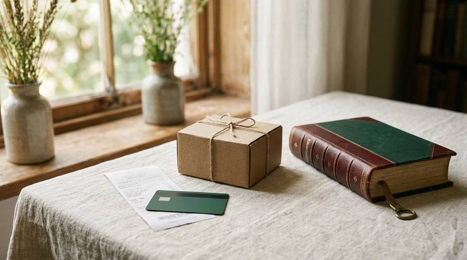 Recibo de compra, cartão de crédito e uma pequena caixa de encomenda sobre a mesa