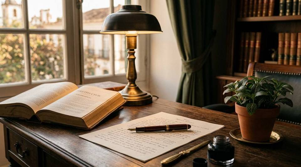 Mesa de estudo com luminária, livro aberto e caneta tinteiro