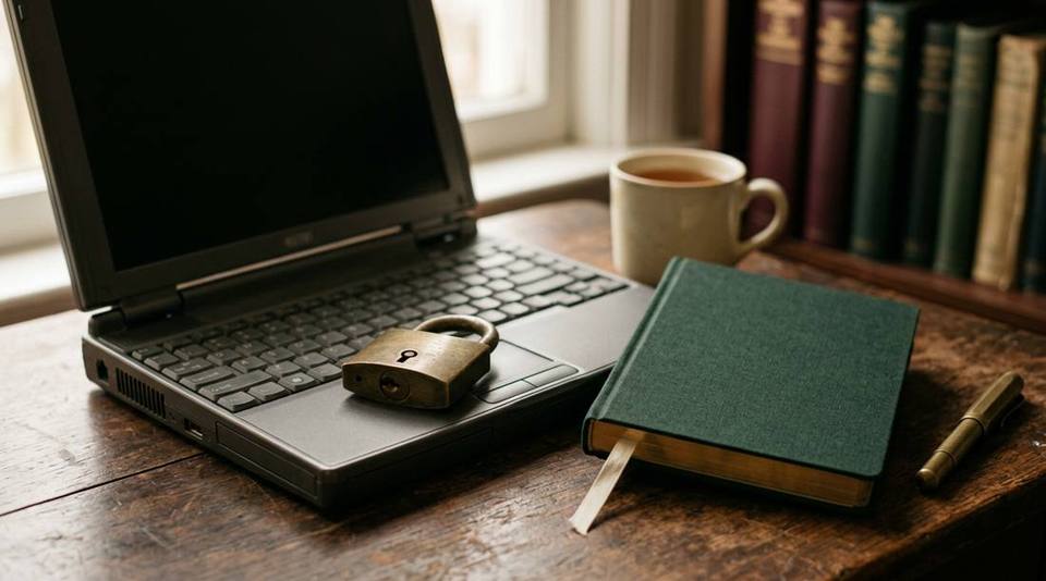 Notebook com um cadeado de latão sobre o teclado